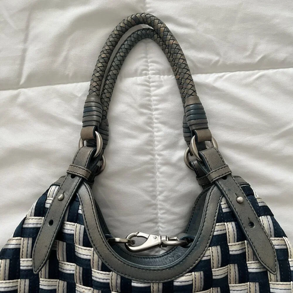 COLE HAAN Genevieve Woven Triangle Hobo Shoulder Handbag Tote Silk Raffia Blue